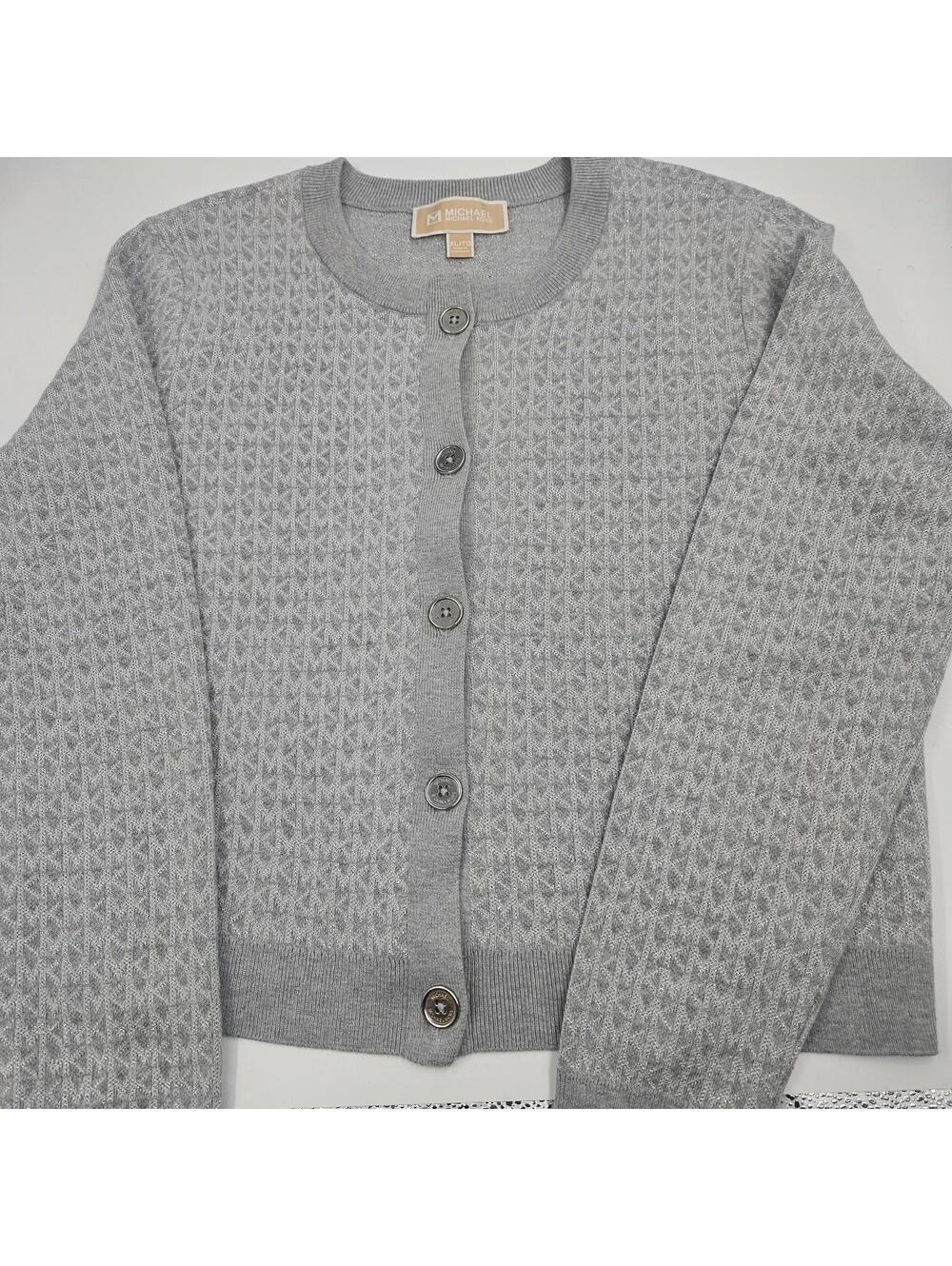 Michael Kors Metallic Logo Knit Cardigan Sweater Gray Button Front Sparkle XL